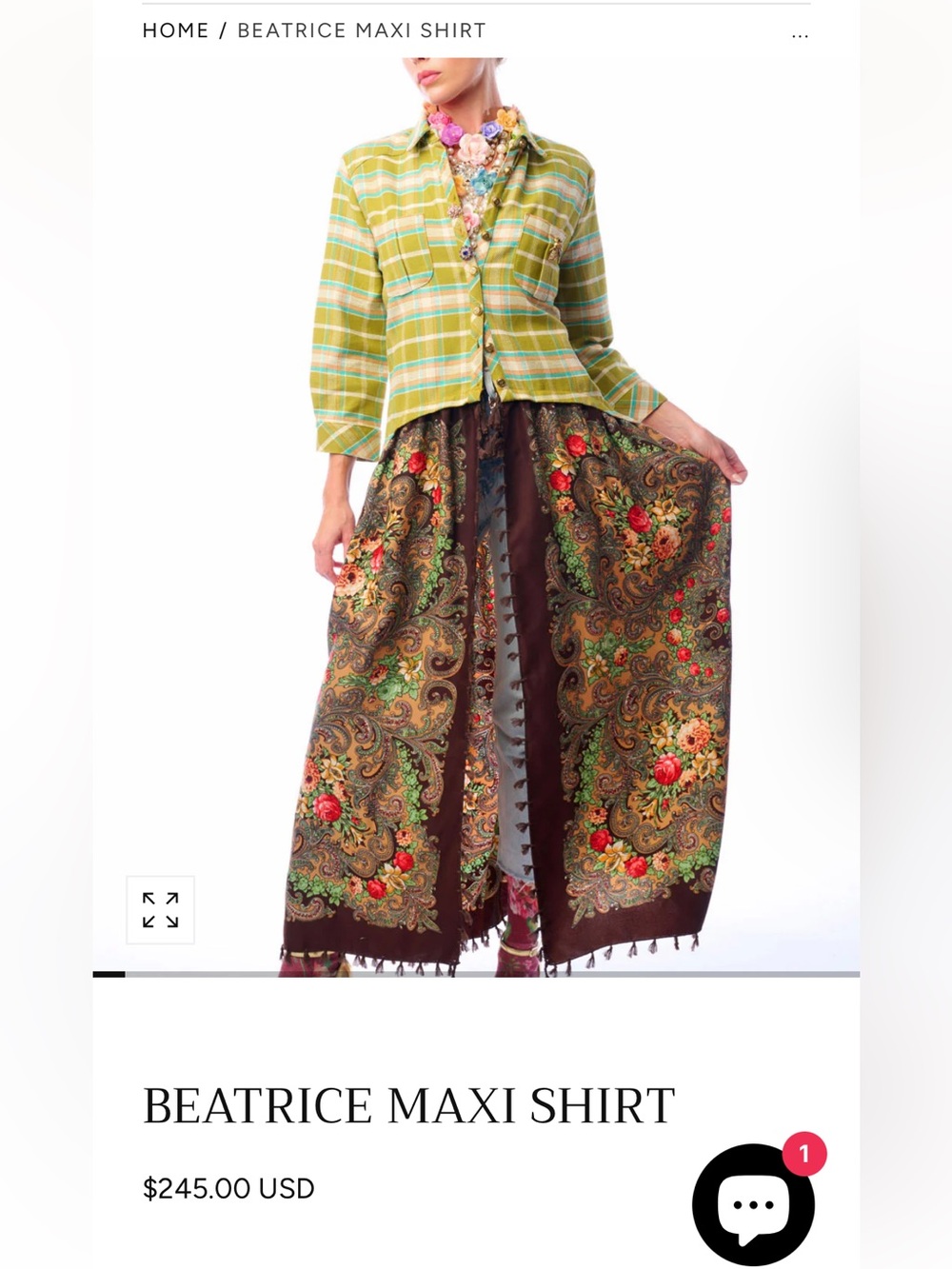 NWT Aratta Silent Journey Beatrice Maxi Shirt- Floral and Plaid
